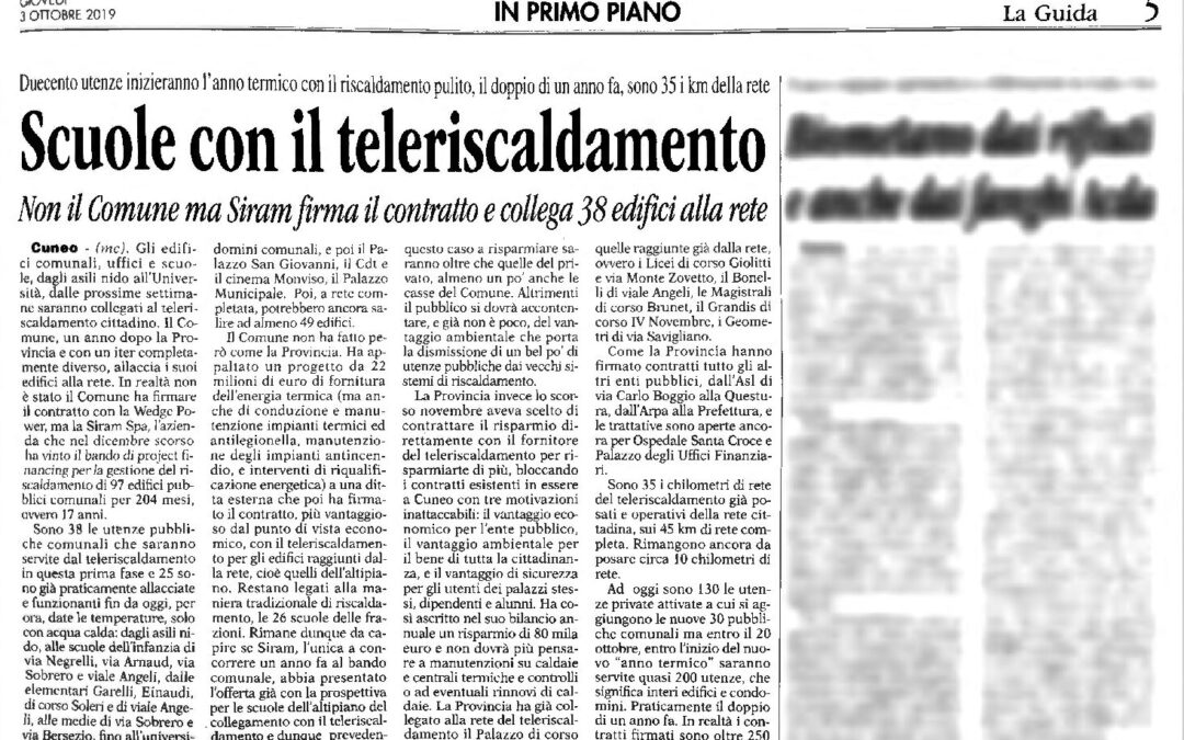 Scuole con il Teleriscaldamento – La Guida – 3 ottobre 2019