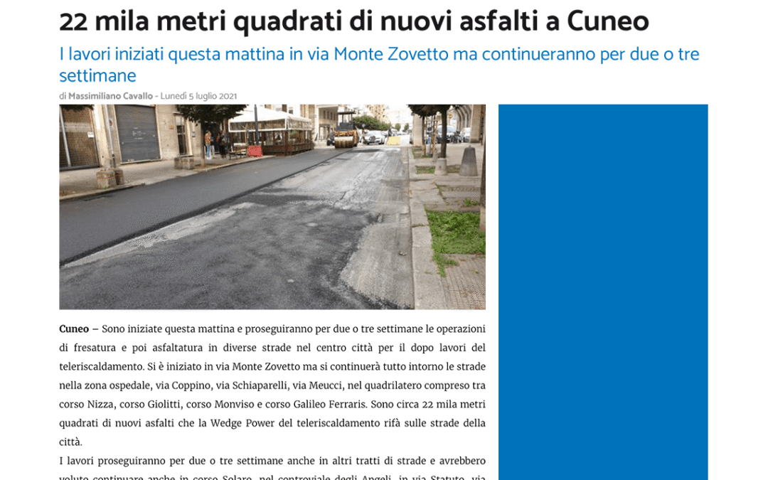 Wedge Power – Rassegna Stampa – La Guida – OnLine – 5 luglio 2021 – Nuovi asfalti a Cuneo – ScreenShot